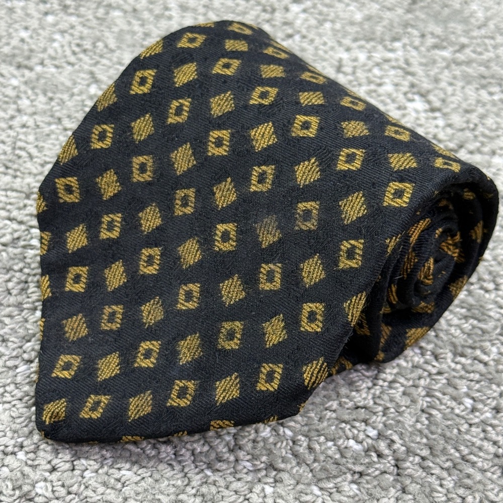Vintage Henry Grethel 100% Silk Necktie Black Gold Geometric Mens Tie